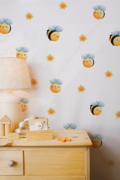 MSticker Sevimli Arılar ve Çiçekler Temalı Çocuk Bebek Odası Kreş Anaokulu Sticker Seti 47 Parça Özel Kesim