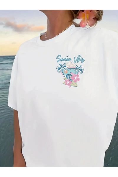 PENTHİLUS Summer Off Shoulder Print T-Shirt, Short Sleeve Round Neck Casual Top