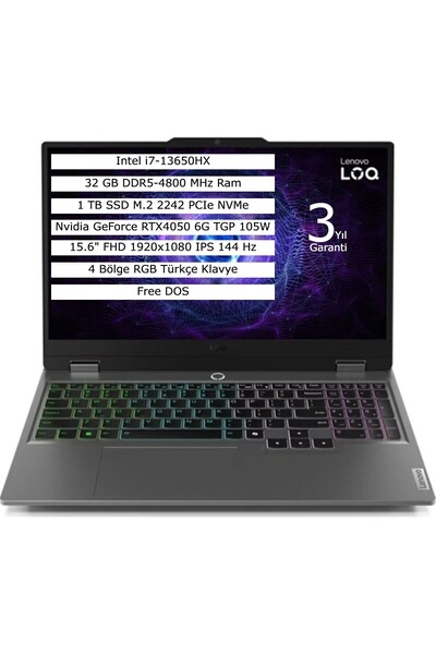 LENOVO Loq 15IRX9 Intel Core I7 13650HX 32GB 1TB SSD 6GB RTX4050 Fdos 15.6" F...