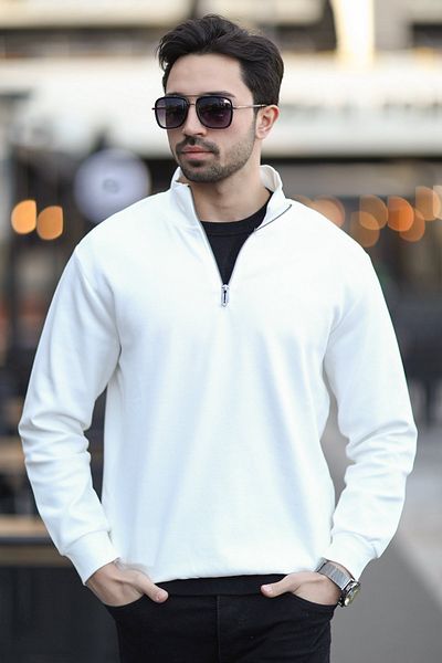 JB John Borners Men's Stand Collar Half Zippered Textured Sweatshirt White - 5470