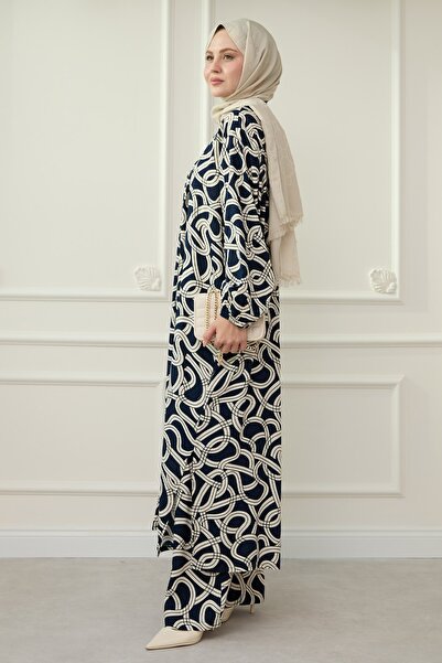 InStyle Zincir Desen Uzun Kimonolu Lacivert takım