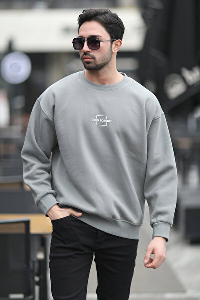 JB John Borners Ανδρικό φούτερ με λαιμόκοψη με εμπριμέ τριών κλωστών γκρι - 5255-1