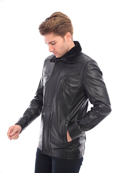 saremod سترة سوداء من الجلد الطبيعي بياقة من الفرو للرجال