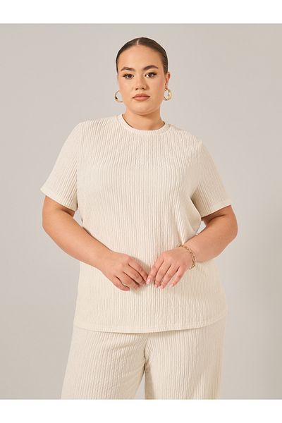 Styli Plus Size Crinkle Knit Short Sleeve Top and Straight Leg Pants Co-Ords