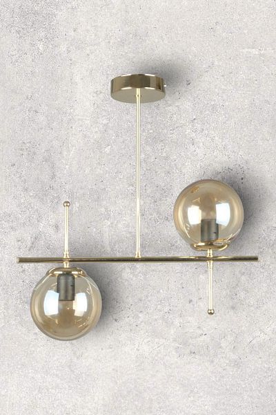 Fer Avize Cello Modern Design - Metal Gold Color Honey Glass Dining Table Top - Living Room 2-Piece Chandelier