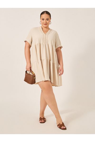 Styli Beige A-Line Mini Dress with Lace Detail