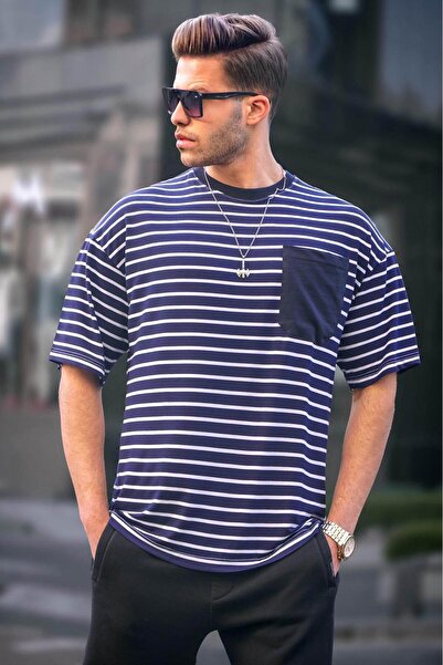 Madmext Ανδρικό μπλουζάκι Navy Blue ριγέ Basic 6084