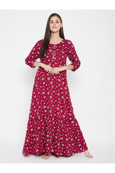 Clovia By Styli Women Maroon Floral 3/4 Sleeve Nighty Nightdress