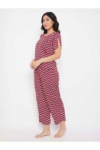 Clovia By Styli Women's Red Chevron Print Top & Pyjama Set