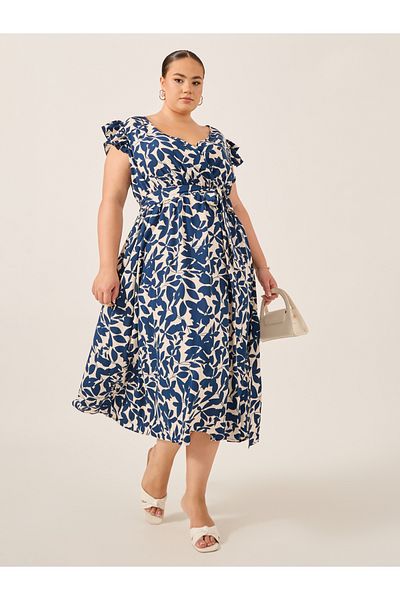 Styli Plus Size Printed Frill Sleeve Midi Dress