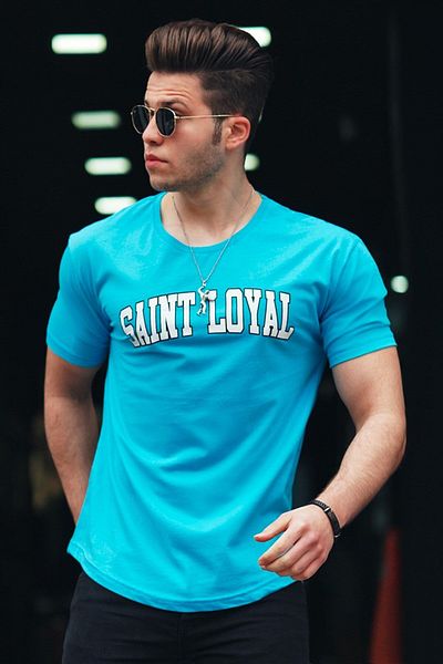 Madmext Tricou cu imprimeu albastru pentru bărbați 4630