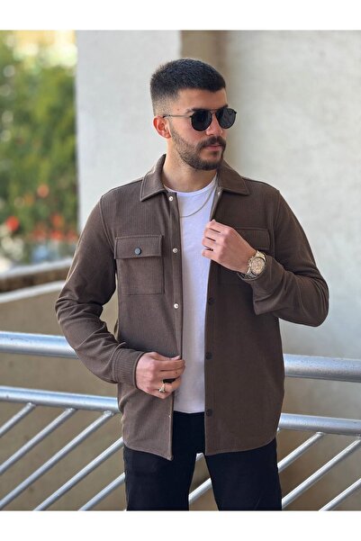 TUNAHAN ERKEK GİYİM Slimfit Kesim Erkek İnce Çizgi Desen Çift Cepli Gömlek-KAHVE