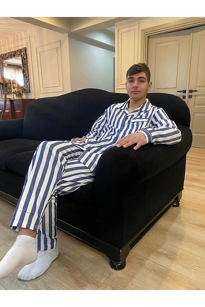 DÜVEN Set pijama cămașă de culoare albastru alb cu dungi
