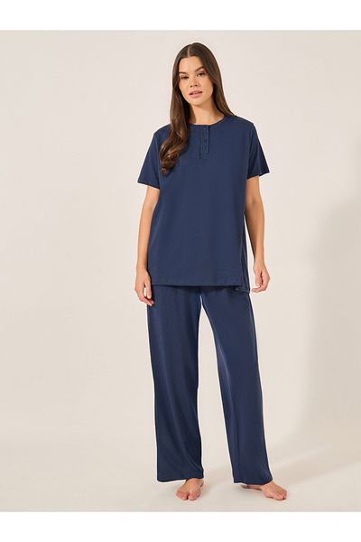 Styli Navy Blue Knitted Placket T-Shirt and Ruffled Waist Pajama Set