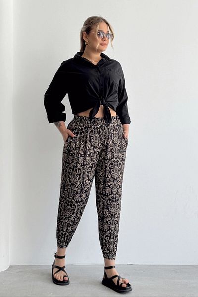 Stil Diva Large Size Patterned Shalwar Trousers with Elastic Waist and Legs and Pockets 74-75