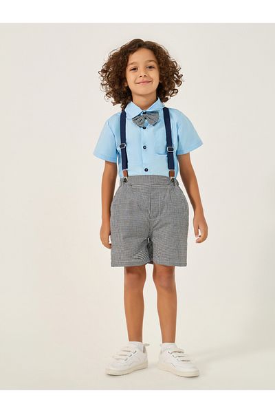 Styli Collared Shirt with Bow, Shorts and Suspender
