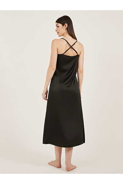 Styli Black Lace Trim Satin Slip Dress