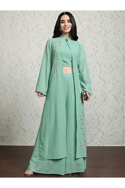 Vishudh By Styli Women Solid Crop Top and Palazzo Pants with Embroidered Shrug
