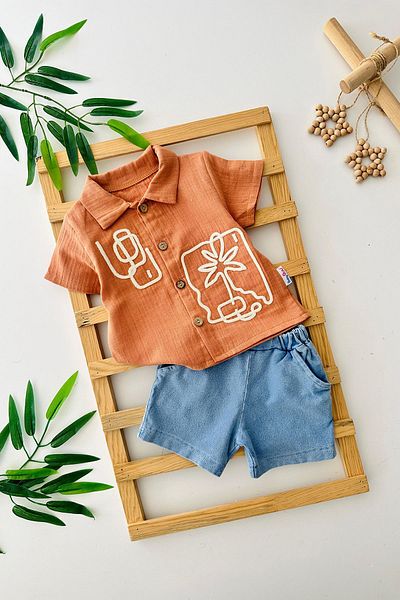 Minigimin Cicileri My Little One's Cicileri Palm Punch Embroidery Detailed Boy's Denim Shorts Suit - Orange