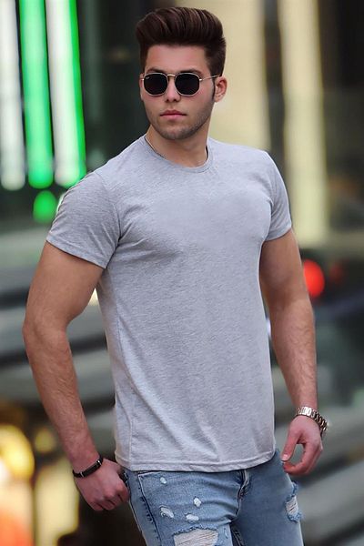 Madmext T-shirt Crew Neck Basic Grey T-Shirt 3006