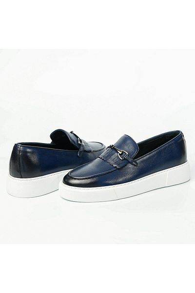TETRİ Hector Model Genuine Leather Handmade Men's Navy Blue Loafer Shoes