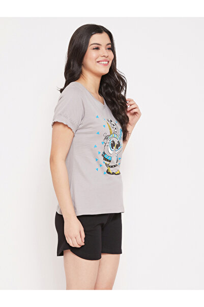 Clovia By Styli Women's Grey Owl Print Top & Black Shorts Nightwear Set