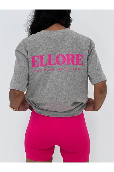 DUBU BUTİK Ellore Gray Oversize T-shirt - Crew Neck, Short Sleeve