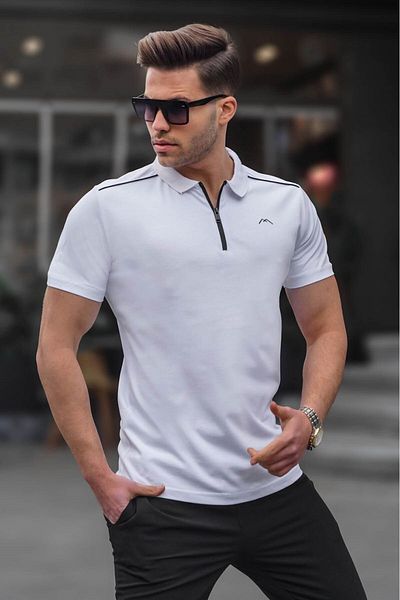 Madmext Ανδρικό λευκό μπλουζάκι Polo Basic με φερμουάρ 6076