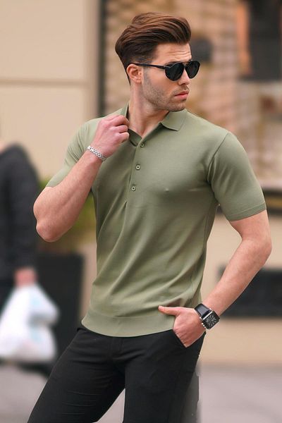 Madmext Helles Khaki Herren-T-Shirt mit Polokragen, einfarbig, 6878
