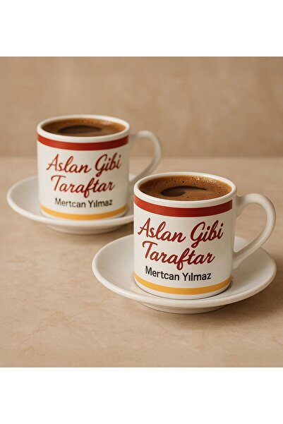 Bk Gift Kişiye Özel Sarı Kırmızı Aslan Gibi Taraftar Tasarımlı 2'li Türk Kahv...