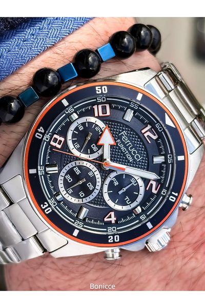 Ferrucci Silver-Dark Blue, Functions Active, Vip Serial Calendar Men's Wristwatch Bracelet Gift