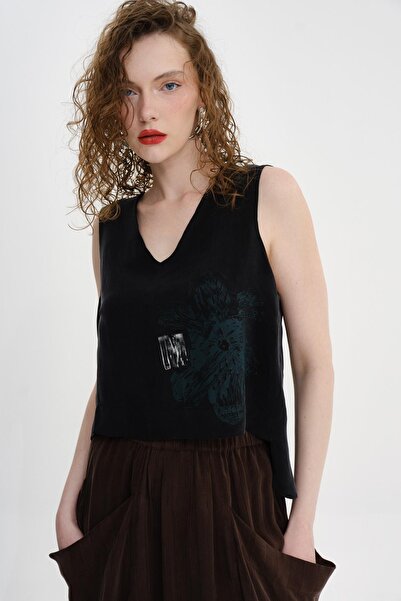 MİİN SİYAH EL BOYAMASI DESENLİ ASKILI BLUZ