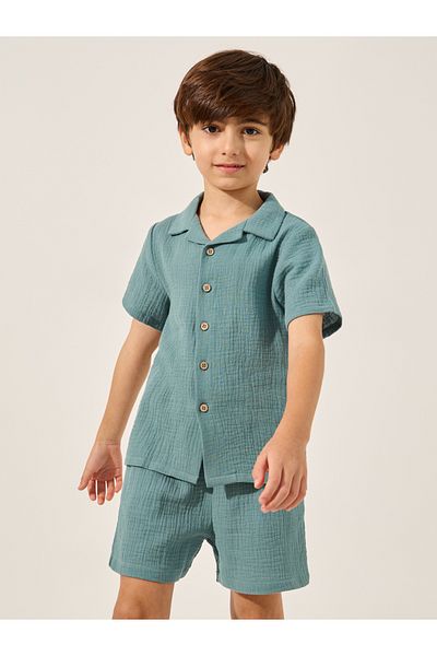 Styli Plain Crinkled Short Sleeve Shirt and Shorts Set