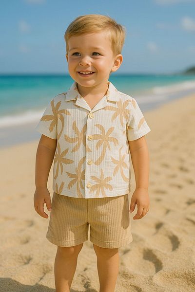 MİNYON BABY Palm Printed Shirt Bottom Top Summer Men's Set