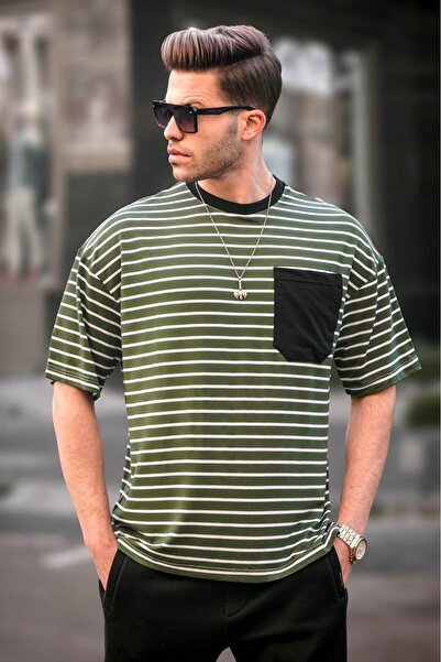 Madmext Ανδρικό μπλουζάκι με ριγέ Χακί Basic 6084