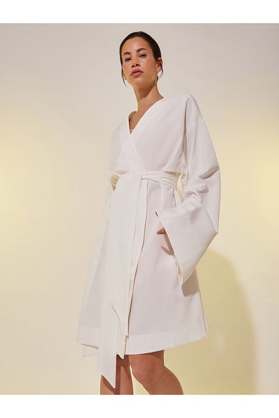 Styli White Solid Long Sleeve Robe with Tie Detail