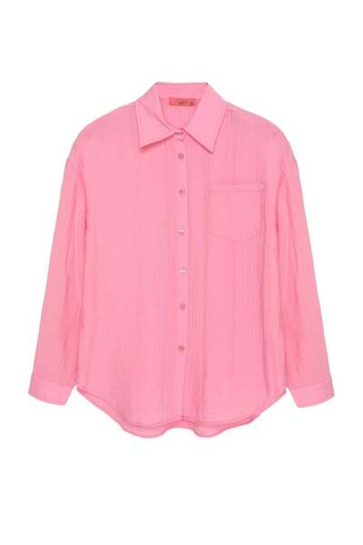 Quzu Dokulu Cepli Oversize Gömlek Pembe