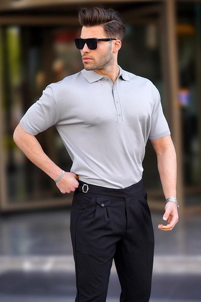 Madmext Graues, einfarbiges T-Shirt mit Polokragen für Herren 6878