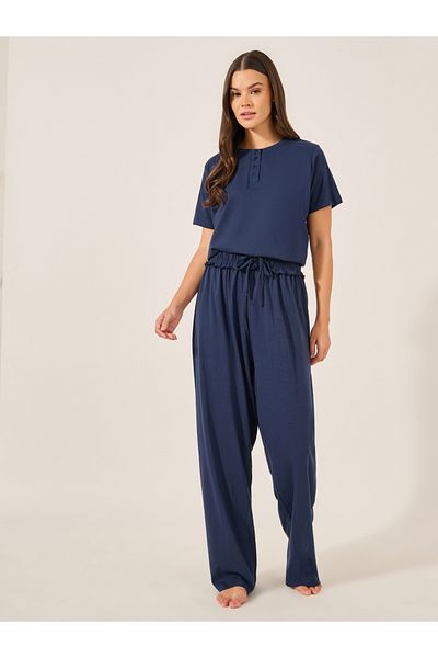 Styli Navy Blue Knitted Placket T-Shirt and Ruffled Waist Pajama Set