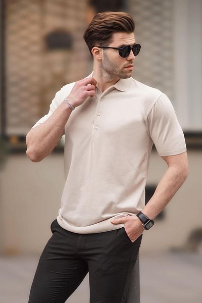 Madmext Steinfarbenes, einfarbiges T-Shirt mit Polokragen für Herren 6878