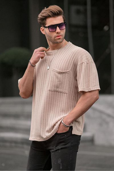 Madmext Μπεζ ανδρικό μπλουζάκι Oversize 6180