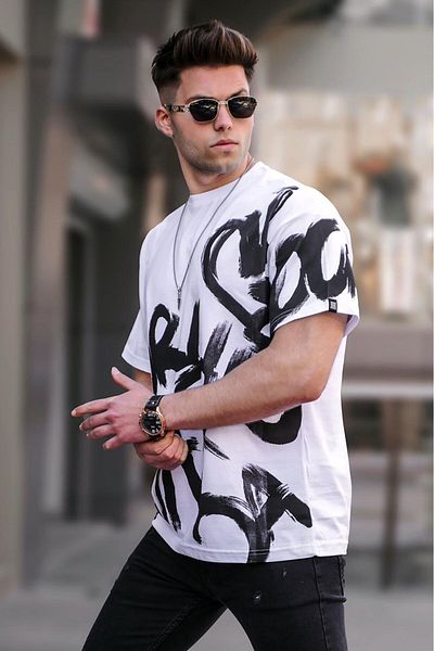 Madmext Weißes gemustertes Overfit-T-Shirt für Herren 5811