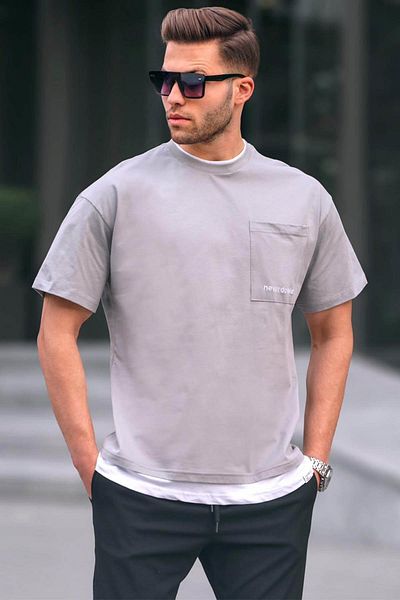 Madmext Ανδρικό T-Shirt Βαμμένο σε Γκρι Pieced Basic 6090
