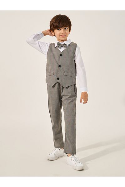 Styli Solid Long Sleeves Shirt, Checked Waistcoat and Pants Set with Bow Tie