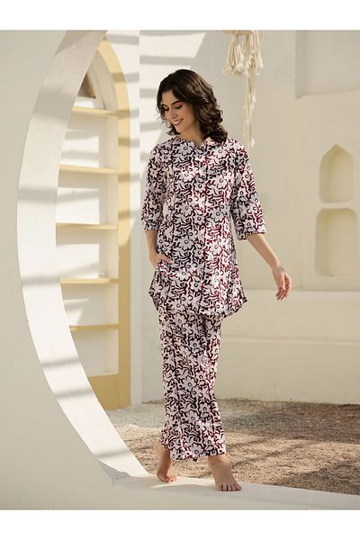 Sanskrutihomes By Styli Pure Cotton Printed Notch Neck Top and Pyjama Set