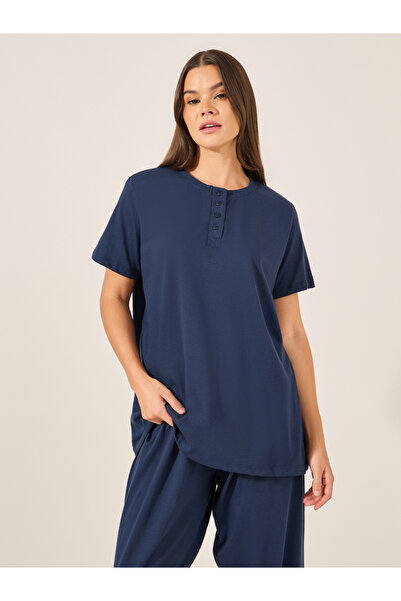 Styli Navy Blue Knitted Placket T-Shirt and Ruffled Waist Pajama Set