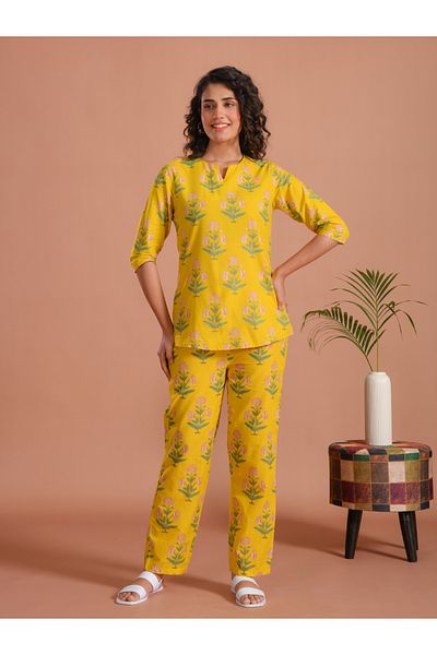 Sanskrutihomes By Styli Pure Cotton Printed Notch Neck Top and Pyjama Set