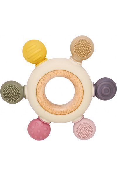 Cldy baby teething toy, silicone/wood, multicolor, 10 x 10 x 1.5 cm