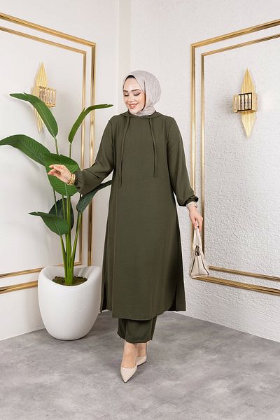 Nevayla Moda Αερόμπιν Ύφασμα Μακρύ Διπλό Σετ - Χακί / T0110