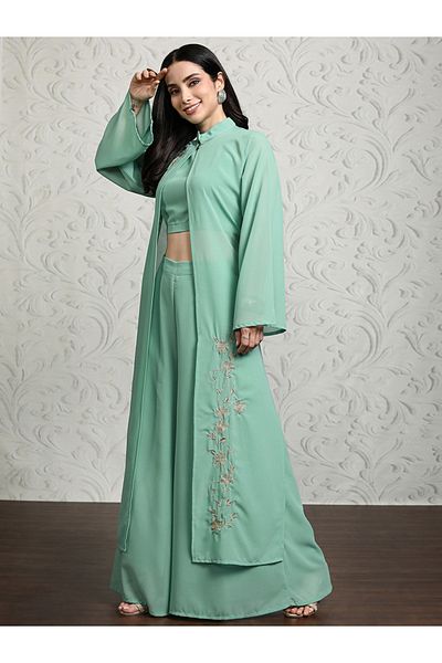 Vishudh By Styli Women Solid Crop Top and Palazzo Pants with Embroidered Shrug